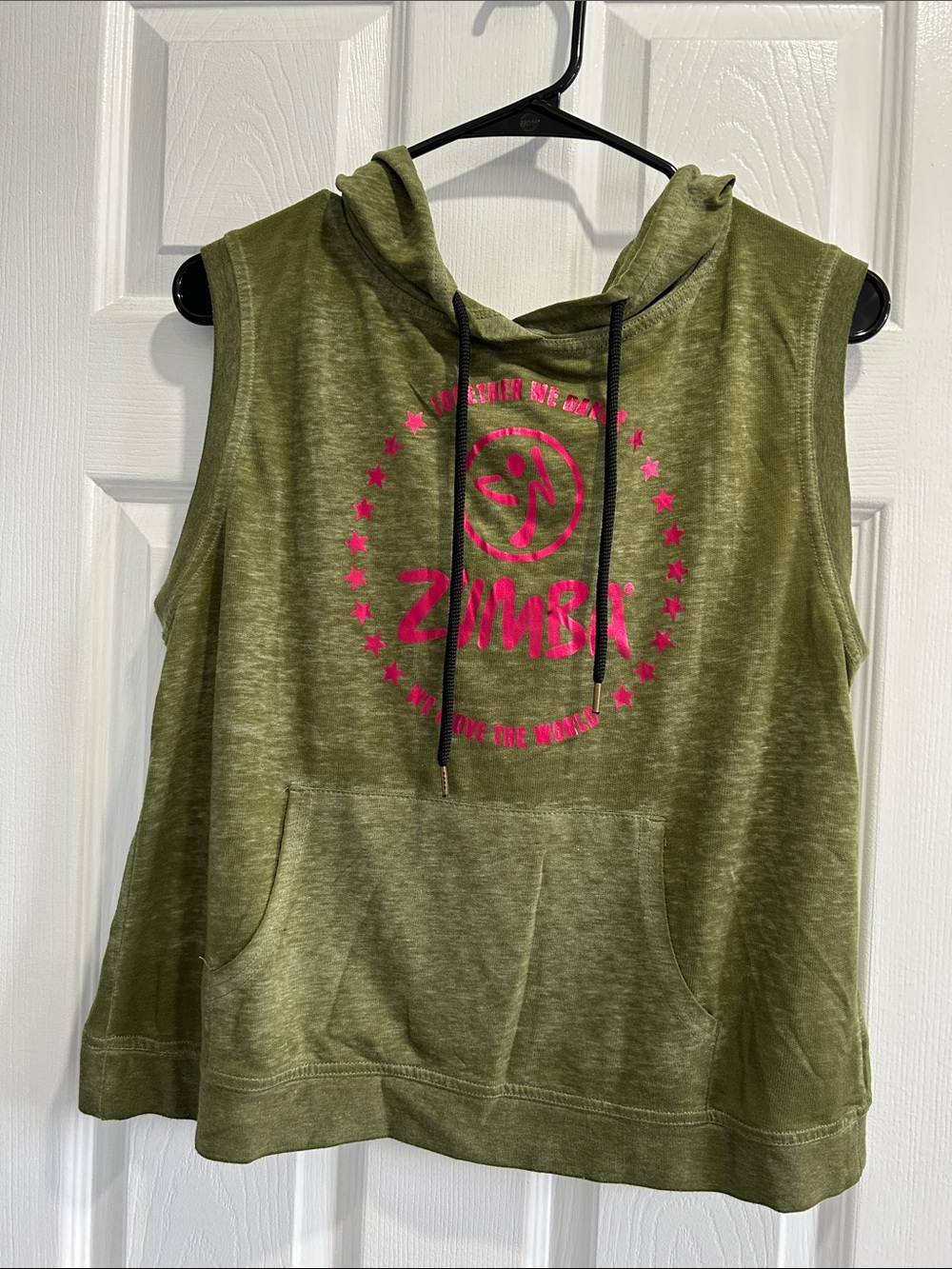 Zumba Fitness Olive Green Sleeveless Hoodie with Hot Pink Logo